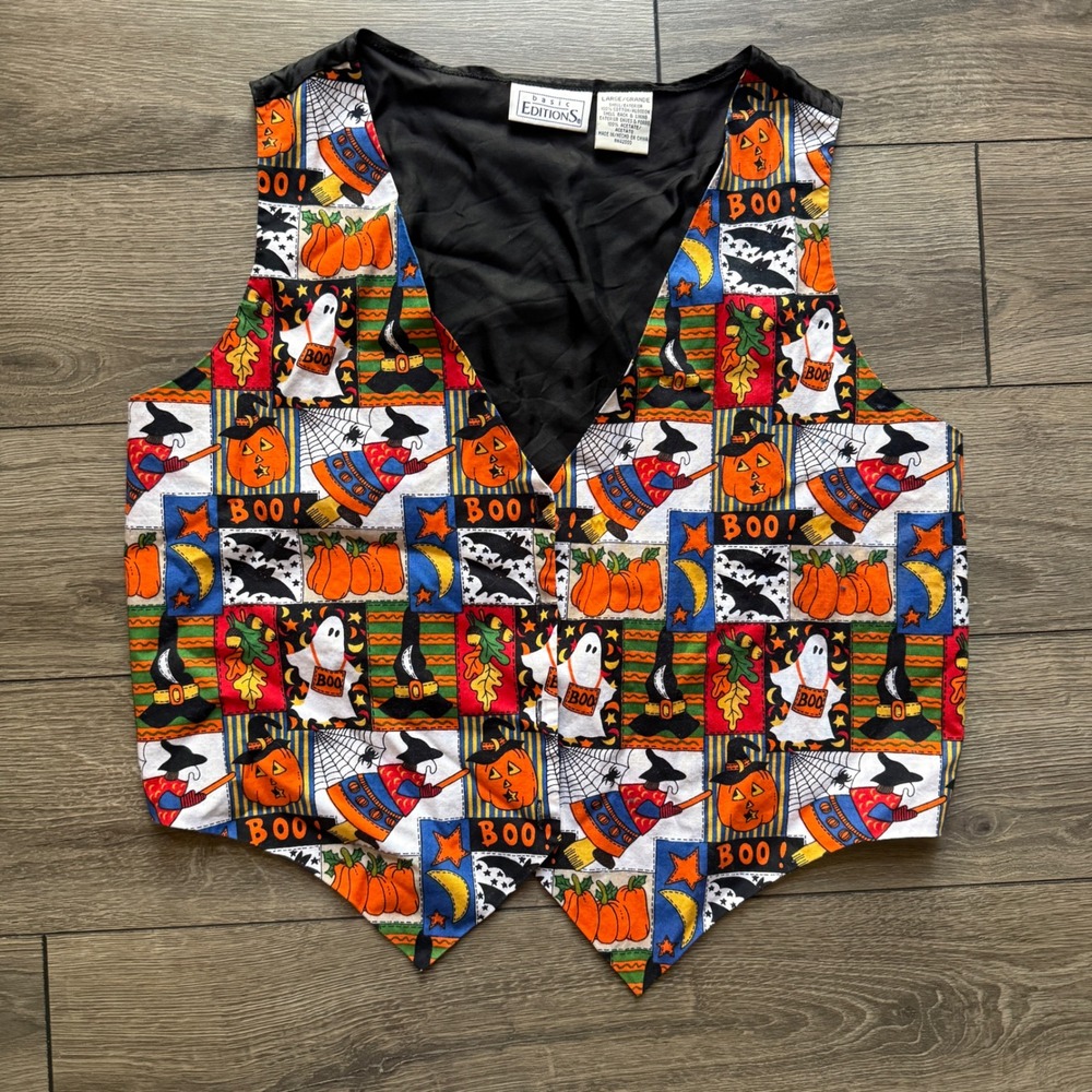 Y2k 90s vintage Basic Editions Halloween Vest Mens Large Pumpkin‎ Ghost Witch